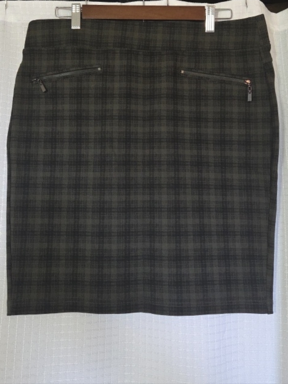 Liverpool Jean Co Pencil Skirt Dark Academia Green Plaid Stretch Pockets Size 12